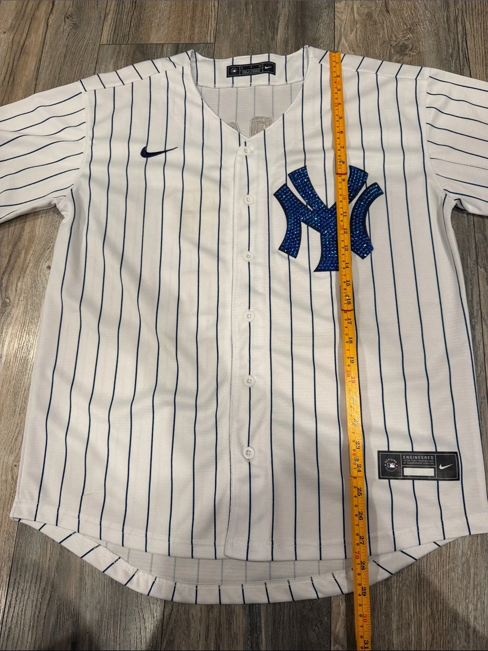 Nike White Pinstripe Yankees Jersey Custom with Blue Rhinestone Logo #99 #Rare